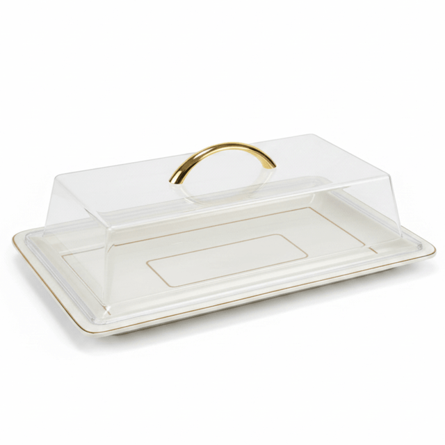 Christian Verucci Rectangle Off-White Ceramic Flat Plate with Clear Acrylic Cover & Gold Handle – 15 Inch | Elegant Serving Platter for Majlis, Dining & Gifting - Al Kabayel Discount CentreChristian Verucci Rectangle Off-White Ceramic Flat Plate with Clear Acrylic Cover & Gold Handle – 15 Inch | Elegant Serving Platter for Majlis, Dining & GiftingServing TrayCHRISTIAN VERUCCIAl Kabayel Discount Centre