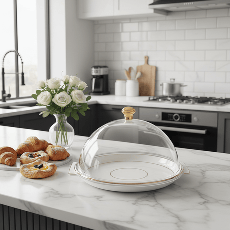 Christian Verucci Round Off-White Flat Plate with Clear Acrylic Dome Cover | Gold Knob Handle | 11.5 Inch | Elegant Serving Platter for Dates, Sweets & Pastries | Ideal for Majlis, Dining & Gifting - Al Kabayel Discount CentreChristian Verucci Round Off-White Flat Plate with Clear Acrylic Dome Cover | Gold Knob Handle | 11.5 Inch | Elegant Serving Platter for Dates, Sweets & Pastries | Ideal for Majlis, Dining & GiftingServing TrayCHRISTIAN VERUCCIAl Kabayel Discount Centre