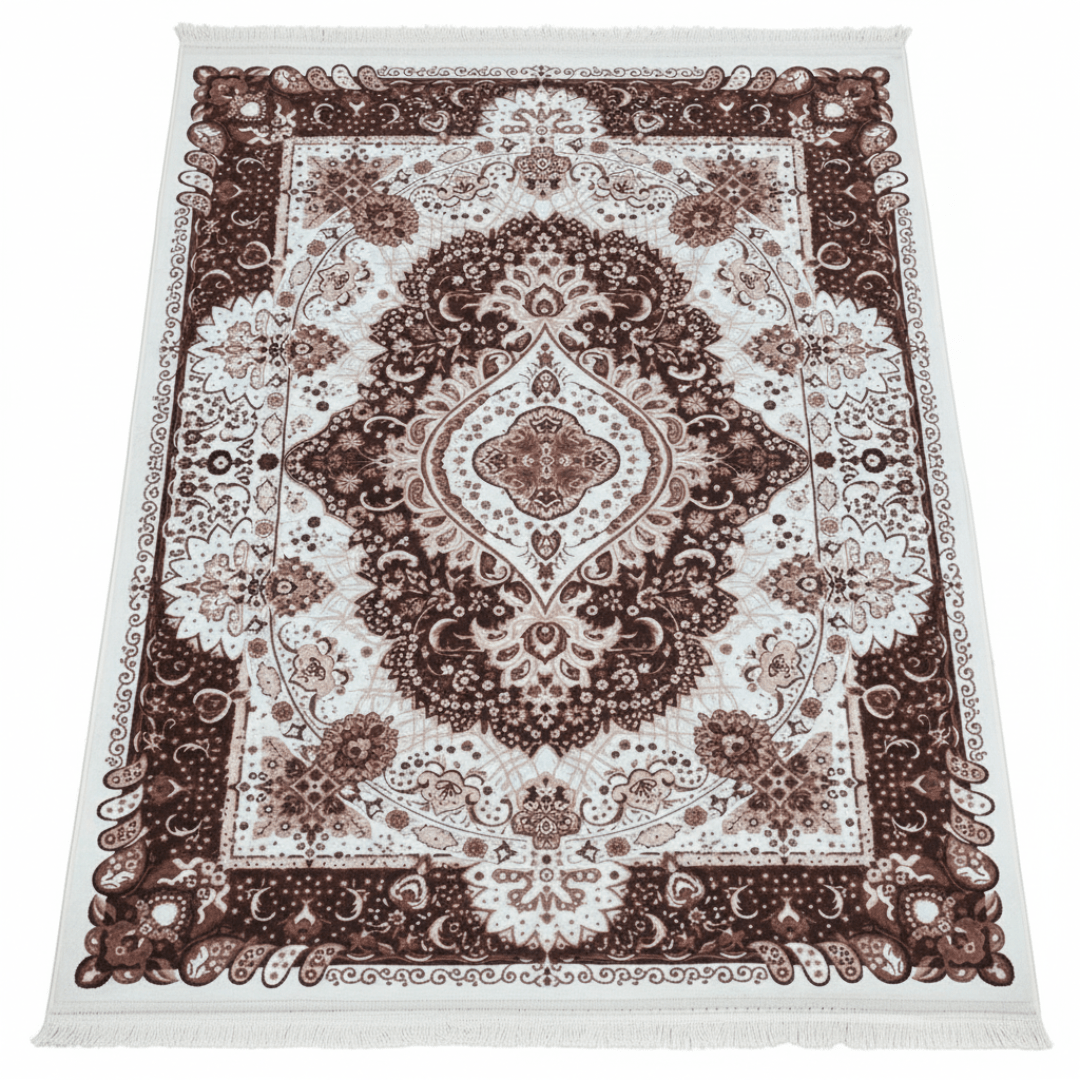 Classic Persian Medallion Carpet | White & Brown Floral Design | Soft Polyester Rug | 190cm × 130cm | - Al Kabayel Discount CentreClassic Persian Medallion Carpet | White & Brown Floral Design | Soft Polyester Rug | 190cm × 130cm |DoormatsAKDCAl Kabayel Discount Centre