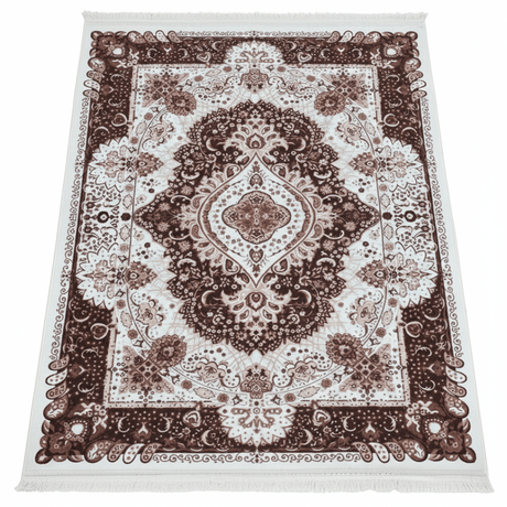 Classic Persian Medallion Carpet | White & Brown Floral Design | Soft Polyester Rug | 190cm × 130cm | - Al Kabayel Discount CentreClassic Persian Medallion Carpet | White & Brown Floral Design | Soft Polyester Rug | 190cm × 130cm |DoormatsAKDCAl Kabayel Discount Centre