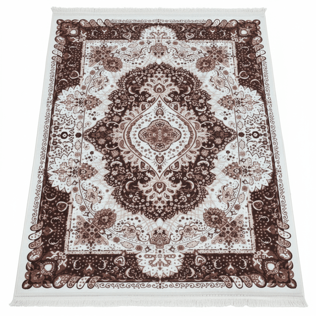 Classic Persian Medallion Carpet | White & Brown Floral Design | Soft Polyester Rug | 190cm × 130cm | - Al Kabayel Discount CentreClassic Persian Medallion Carpet | White & Brown Floral Design | Soft Polyester Rug | 190cm × 130cm |DoormatsAKDCAl Kabayel Discount Centre