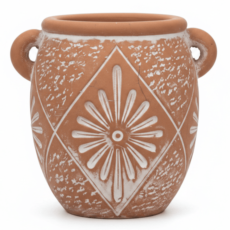 Clay Vase with Embossed Floral Diamond Pattern & Side Handles | Rustic Home Décor Accent | Table Centerpiece | 11cm × 9cm - Al Kabayel Discount CentreClay Vase with Embossed Floral Diamond Pattern & Side Handles | Rustic Home Décor Accent | Table Centerpiece | 11cm × 9cmHome Décor AccentsAKDCAl Kabayel Discount Centre