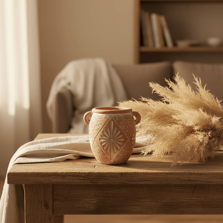 Clay Vase with Embossed Floral Diamond Pattern & Side Handles | Rustic Home Décor Accent | Table Centerpiece | 11cm × 9cm - Al Kabayel Discount CentreClay Vase with Embossed Floral Diamond Pattern & Side Handles | Rustic Home Décor Accent | Table Centerpiece | 11cm × 9cmHome Décor AccentsAKDCAl Kabayel Discount Centre