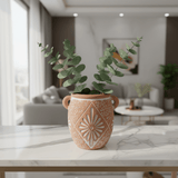 Clay Vase with Embossed Floral Diamond Pattern & Side Handles | Rustic Home Décor Accent | Table Centerpiece | 11cm × 9cm - Al Kabayel Discount CentreClay Vase with Embossed Floral Diamond Pattern & Side Handles | Rustic Home Décor Accent | Table Centerpiece | 11cm × 9cmHome Décor AccentsAKDCAl Kabayel Discount Centre