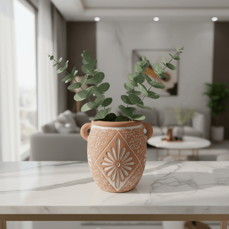 Clay Vase with Embossed Floral Diamond Pattern & Side Handles | Rustic Home Décor Accent | Table Centerpiece | 11cm × 9cm - Al Kabayel Discount CentreClay Vase with Embossed Floral Diamond Pattern & Side Handles | Rustic Home Décor Accent | Table Centerpiece | 11cm × 9cmHome Décor AccentsAKDCAl Kabayel Discount Centre