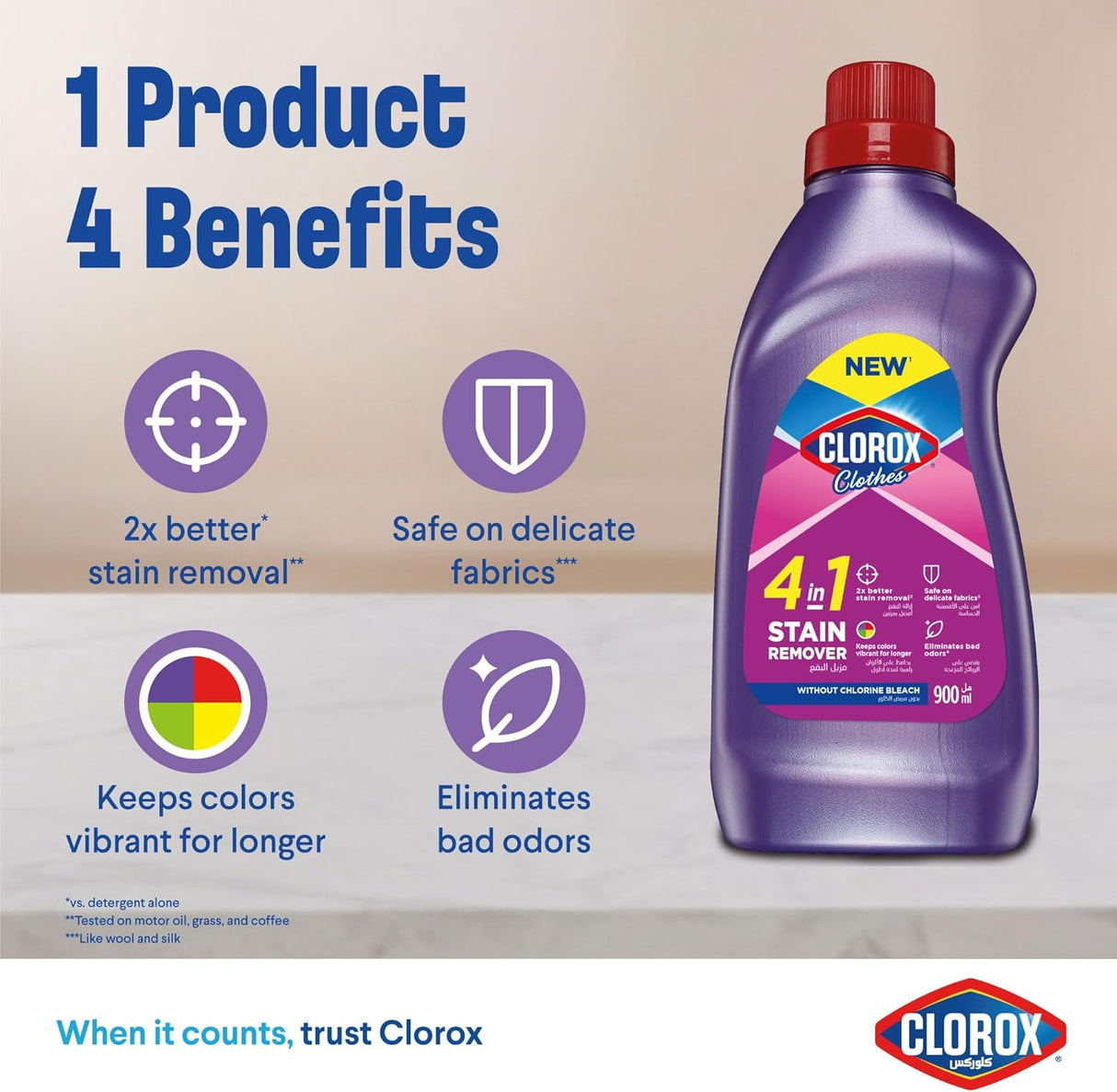 Clorox Clothes 4 - in - 1 Stain Remover 900ml, Without Chlorine Bleach, Keep Colors Vibrant for Longer - Al Kabayel Discount CentreClorox Clothes 4 - in - 1 Stain Remover 900ml, Without Chlorine Bleach, Keep Colors Vibrant for LongerLaundry CareCLOROXAl Kabayel Discount Centre