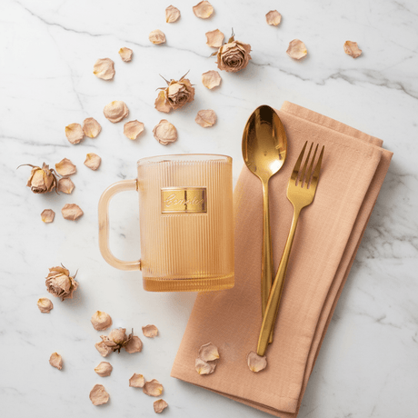 Concise Tinted Peach Ribbed Glass Mug — 300ml | Gold Embossed | Premium Glassware - Al Kabayel Discount CentreConcise Tinted Peach Ribbed Glass Mug — 300ml | Gold Embossed | Premium GlasswareMugsConciseAl Kabayel Discount Centre
