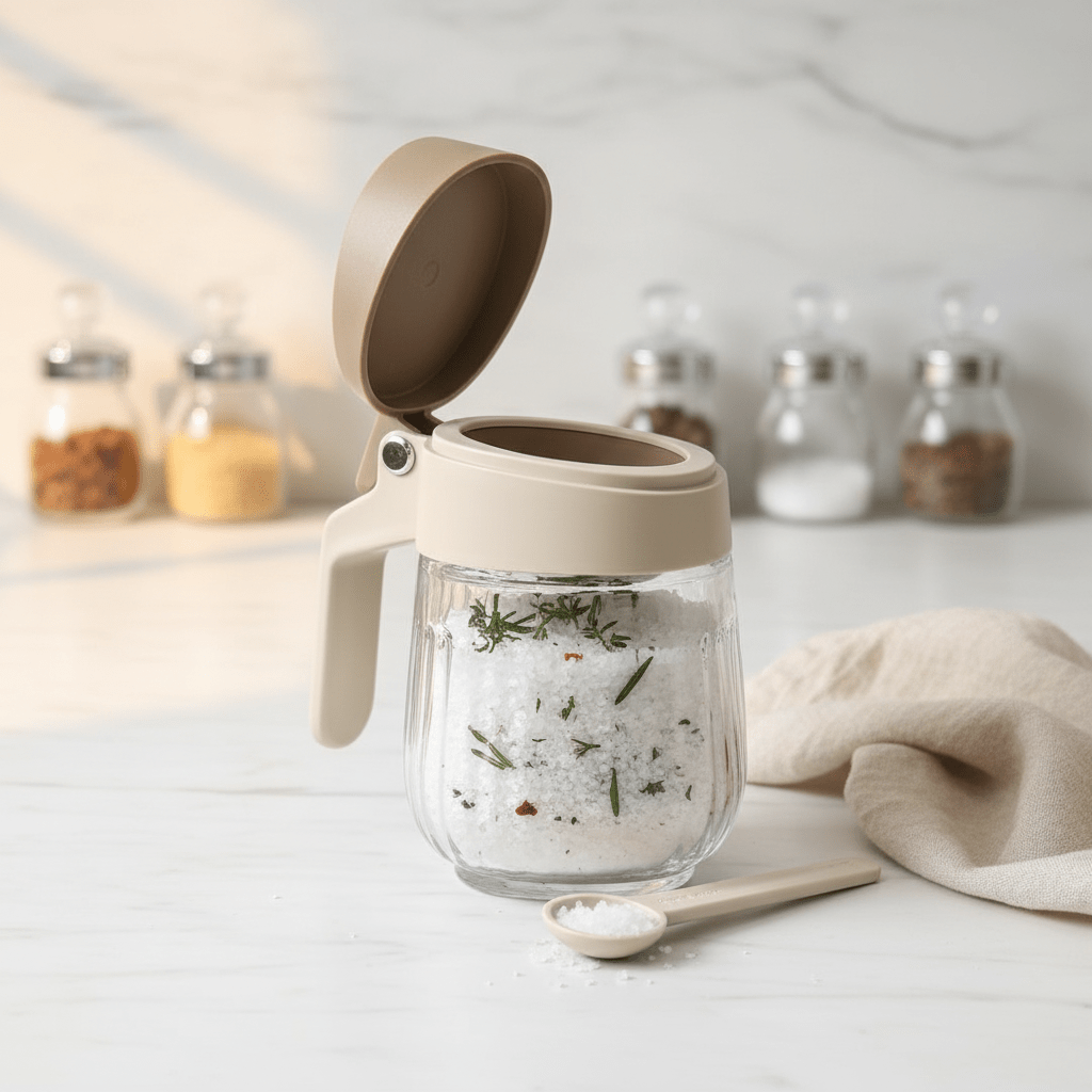 Costin Ribbed Glass Spice Jar with Flip - Top Lid, Side Handle & Mini Spoon — Beige, 380ml - Al Kabayel Discount CentreCostin Ribbed Glass Spice Jar with Flip - Top Lid, Side Handle & Mini Spoon — Beige, 380mlJars & Food SaversCOSTINAl Kabayel Discount Centre