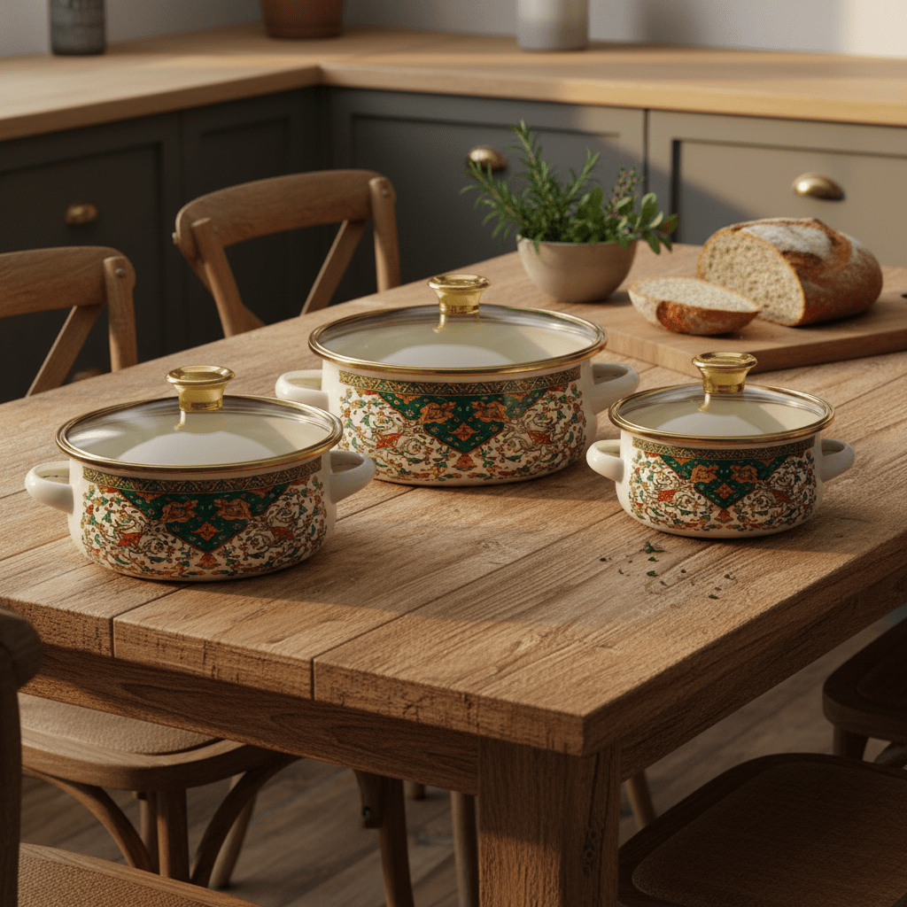 Cream 3-Piece Enamel Casserole Set with Floral Design - 12 cm / 14 cm / 16 cm - Al Kabayel Discount CentreCream 3-Piece Enamel Casserole Set with Floral Design - 12 cm / 14 cm / 16 cmCasserolesAKDCAl Kabayel Discount Centre