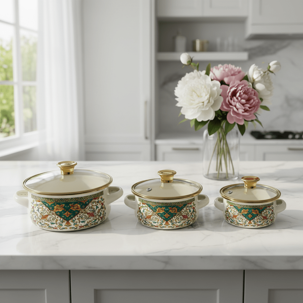 Cream 3-Piece Enamel Casserole Set with Floral Design - 12 cm / 14 cm / 16 cm - Al Kabayel Discount CentreCream 3-Piece Enamel Casserole Set with Floral Design - 12 cm / 14 cm / 16 cmCasserolesAKDCAl Kabayel Discount Centre