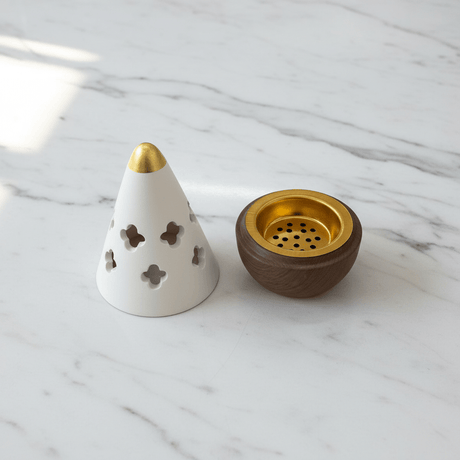 Cream & Brown Ceramic Cone Incense Burner | Quatrefoil Cutout Design | 13cm - Al Kabayel Discount CentreCream & Brown Ceramic Cone Incense Burner | Quatrefoil Cutout Design | 13cmIncense BurnerAKDCAl Kabayel Discount Centre