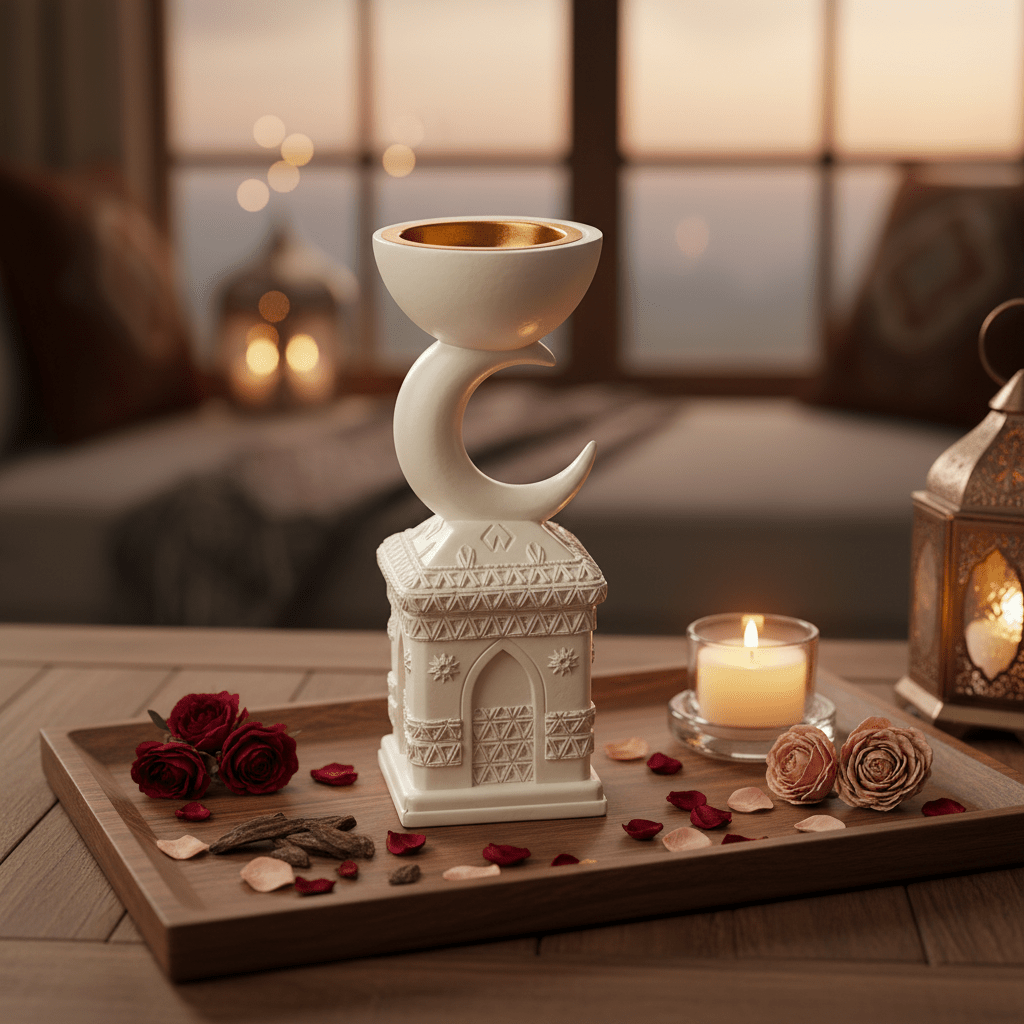 Cream Chalk Arabic Incense Burner — Crescent Moon & Mosque Design | 22cm - Al Kabayel Discount CentreCream Chalk Arabic Incense Burner — Crescent Moon & Mosque Design | 22cmIncense BurnerAKDCAl Kabayel Discount Centre