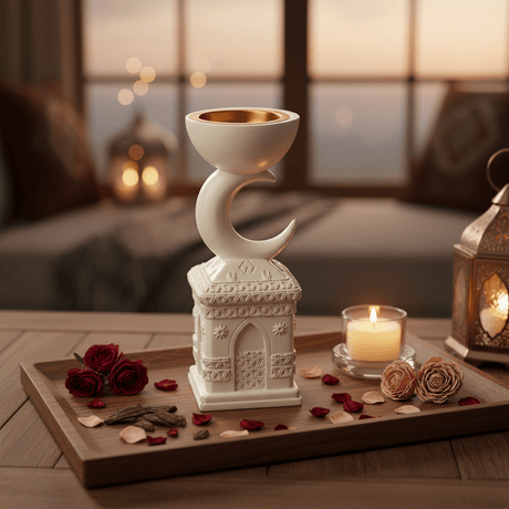 Cream Chalk Arabic Incense Burner — Crescent Moon & Mosque Design | 22cm - Al Kabayel Discount CentreCream Chalk Arabic Incense Burner — Crescent Moon & Mosque Design | 22cmIncense BurnerAKDCAl Kabayel Discount Centre