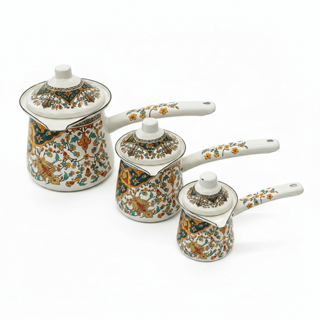 Cream Enamel Coffee Warmer Set With Floral Design – 3 Pcs - 10cm / 9cm / 7cm - Al Kabayel Discount CentreCream Enamel Coffee Warmer Set With Floral Design – 3 Pcs - 10cm / 9cm / 7cmTea/Coffee PotsAKDCAl Kabayel Discount Centre
