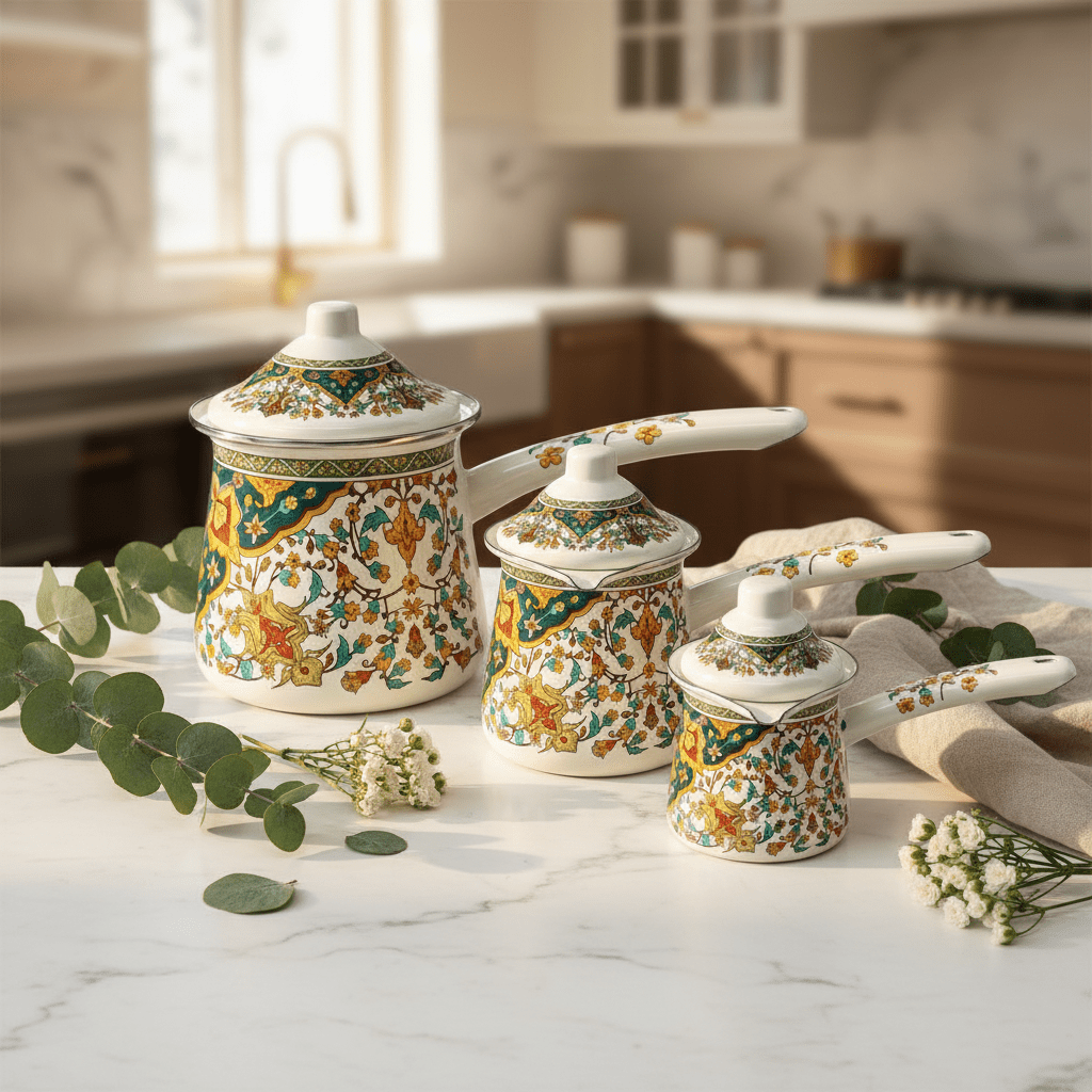 Cream Enamel Coffee Warmer Set With Floral Design – 3 Pcs - 10cm / 9cm / 7cm - Al Kabayel Discount CentreCream Enamel Coffee Warmer Set With Floral Design – 3 Pcs - 10cm / 9cm / 7cmTea/Coffee PotsAKDCAl Kabayel Discount Centre