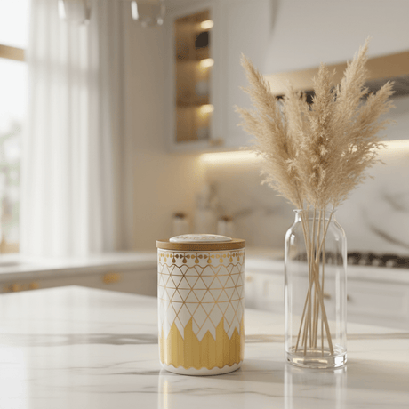 Cream & Gold Ceramic Canister with Wooden & Ceramic Lid | 15×10cm - Al Kabayel Discount CentreCream & Gold Ceramic Canister with Wooden & Ceramic Lid | 15×10cmJars & Food SaversAKDCAl Kabayel Discount Centre