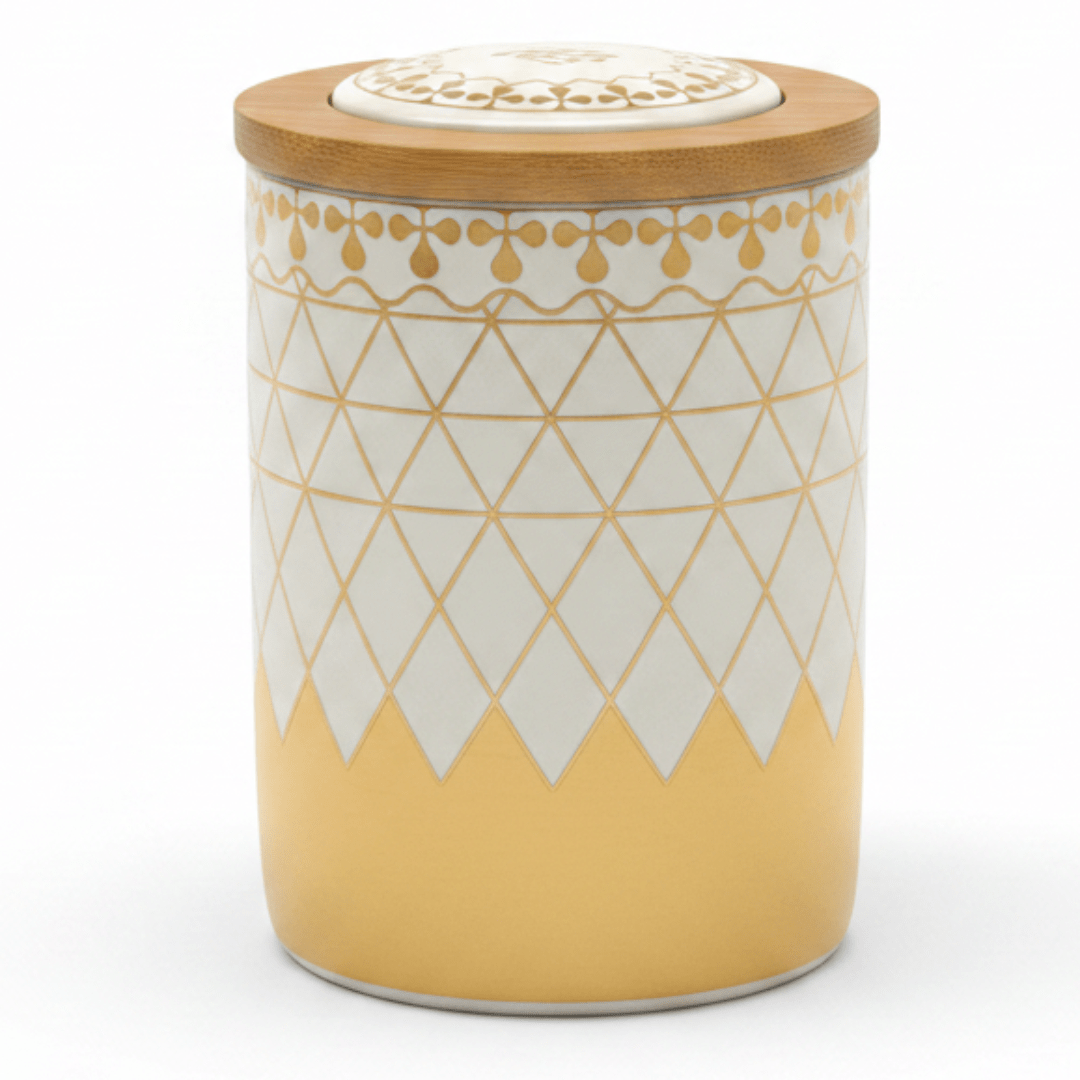 Cream & Gold Ceramic Canister with Wooden & Ceramic Lid | 15×10cm - Al Kabayel Discount CentreCream & Gold Ceramic Canister with Wooden & Ceramic Lid | 15×10cmJars & Food SaversAKDCAl Kabayel Discount Centre