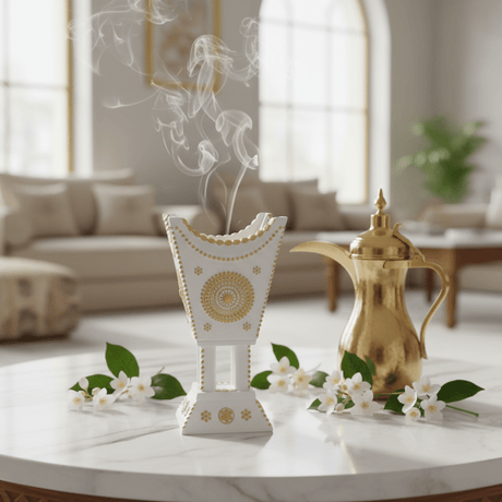 Cream & Gold Chalk Incense Burner | Arabic Majlis Bakhoor Holder | 16×7cm - Al Kabayel Discount CentreCream & Gold Chalk Incense Burner | Arabic Majlis Bakhoor Holder | 16×7cmIncense burnerAKDCAl Kabayel Discount Centre