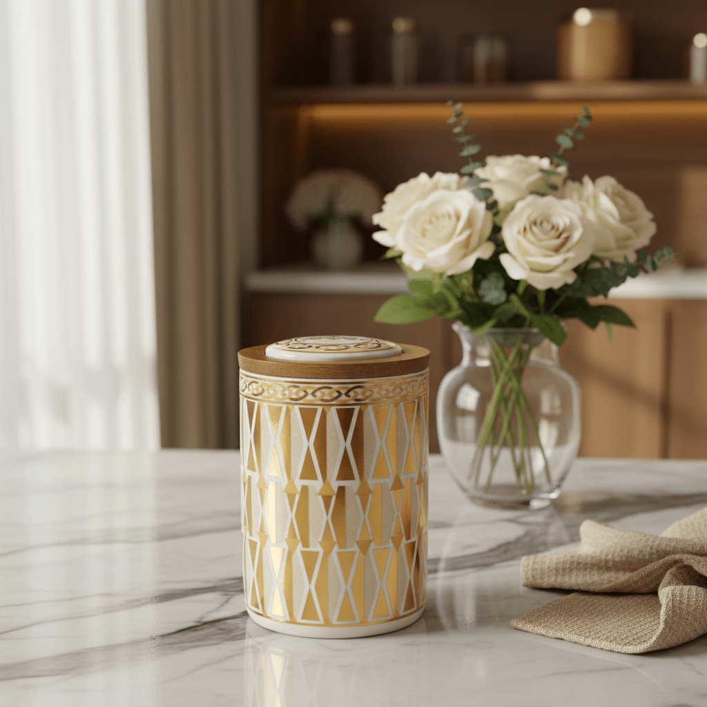 Cream & Gold Geometric Ceramic Canister with Lid | 15×10cm | Luxury Home Storage - Al Kabayel Discount CentreCream & Gold Geometric Ceramic Canister with Lid | 15×10cm | Luxury Home StorageJars & Food SaversAKDCAl Kabayel Discount Centre