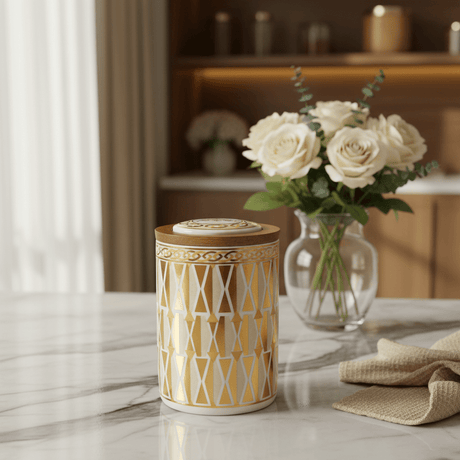 Cream & Gold Geometric Ceramic Canister with Lid | 15×10cm | Luxury Home Storage - Al Kabayel Discount CentreCream & Gold Geometric Ceramic Canister with Lid | 15×10cm | Luxury Home StorageJars & Food SaversAKDCAl Kabayel Discount Centre