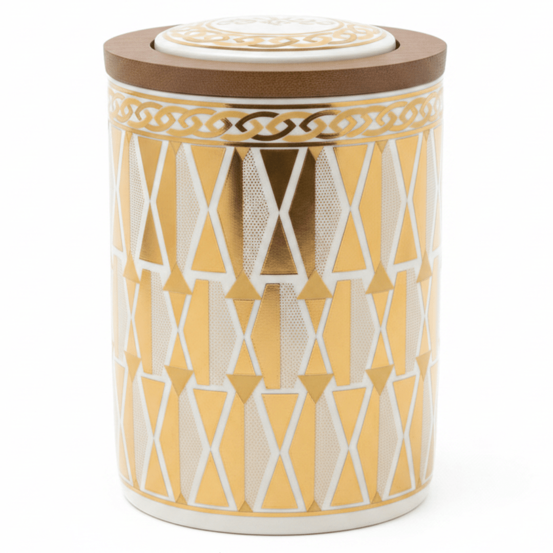 Cream & Gold Geometric Ceramic Canister with Lid | 15×10cm | Luxury Home Storage - Al Kabayel Discount CentreCream & Gold Geometric Ceramic Canister with Lid | 15×10cm | Luxury Home StorageJars & Food SaversAKDCAl Kabayel Discount Centre