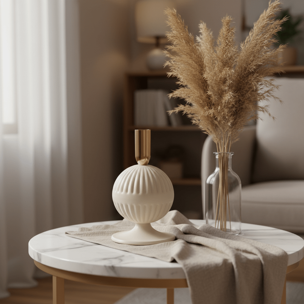 Cream & Rose Gold Metal Ribbed Candle Holder | Elegant Sphere Base | 18cm - Al Kabayel Discount CentreCream & Rose Gold Metal Ribbed Candle Holder | Elegant Sphere Base | 18cmHome Décor AccentsAKDCAl Kabayel Discount Centre