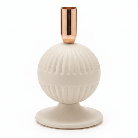 Cream & Rose Gold Metal Ribbed Candle Holder | Elegant Sphere Base | 18cm - Al Kabayel Discount CentreCream & Rose Gold Metal Ribbed Candle Holder | Elegant Sphere Base | 18cmHome Décor AccentsAKDCAl Kabayel Discount Centre