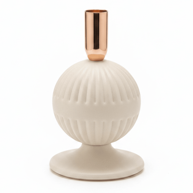 Cream & Rose Gold Metal Ribbed Candle Holder | Elegant Sphere Base | 18cm - Al Kabayel Discount CentreCream & Rose Gold Metal Ribbed Candle Holder | Elegant Sphere Base | 18cmHome Décor AccentsAKDCAl Kabayel Discount Centre