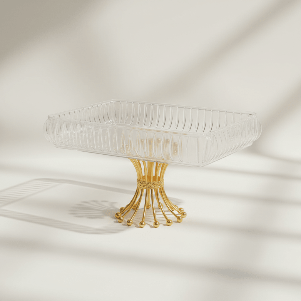Crystal Acrylic Rectangle Candy Tray with Luxury Gold Metal Pedestal Stand | 32×21cm - Al Kabayel Discount CentreCrystal Acrylic Rectangle Candy Tray with Luxury Gold Metal Pedestal Stand | 32×21cmServing TraysAKDCAl Kabayel Discount Centre