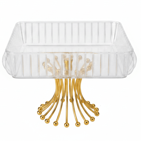 Crystal Acrylic Square Candy Tray with Gold Starburst Pedestal Base — 22×22cm - Al Kabayel Discount CentreCrystal Acrylic Square Candy Tray with Gold Starburst Pedestal Base — 22×22cmServing TraysAKDCAl Kabayel Discount Centre