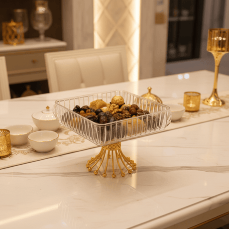Crystal Acrylic Square Candy Tray with Gold Starburst Pedestal Base — 22×22cm - Al Kabayel Discount CentreCrystal Acrylic Square Candy Tray with Gold Starburst Pedestal Base — 22×22cmServing TraysAKDCAl Kabayel Discount Centre