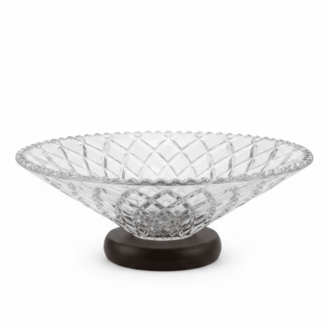 Crystal Diamond-Cut Glass Fruit Bowl with Wooden Base - 25×10 cm - Al Kabayel Discount CentreCrystal Diamond-Cut Glass Fruit Bowl with Wooden Base - 25×10 cmBowlsAKDCAl Kabayel Discount Centre