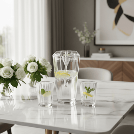 Crystal Hexa Contemporary Clear Hexagon Acrylic Beverage Jug – 2.2 Litre Capacity - Al Kabayel Discount CentreCrystal Hexa Contemporary Clear Hexagon Acrylic Beverage Jug – 2.2 Litre CapacityJugsAKDCAl Kabayel Discount Centre