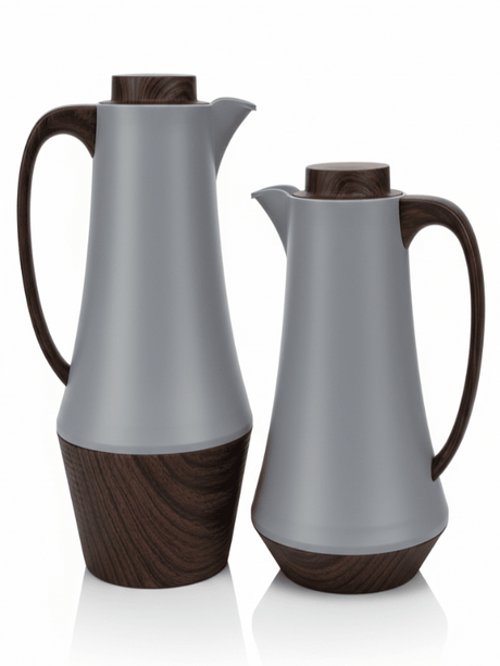 Crystal House Premium Vacuum Flask Set – 2 Pieces (0.6 & 1 Litre), Grey with Dark Wood Finish - Al Kabayel Discount CentreCrystal House Premium Vacuum Flask Set – 2 Pieces (0.6 & 1 Litre), Grey with Dark Wood FinishThermosCRYSTAL HOUSEAl Kabayel Discount Centre