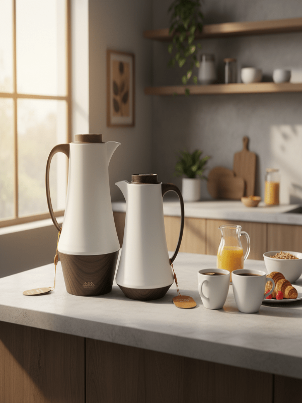 Crystal House Premium Vacuum Flask Set – 2 Pieces (0.6 & 1 Litre), White with Dark Wood Finish - Al Kabayel Discount CentreCrystal House Premium Vacuum Flask Set – 2 Pieces (0.6 & 1 Litre), White with Dark Wood FinishThermosCRYSTAL HOUSEAl Kabayel Discount Centre