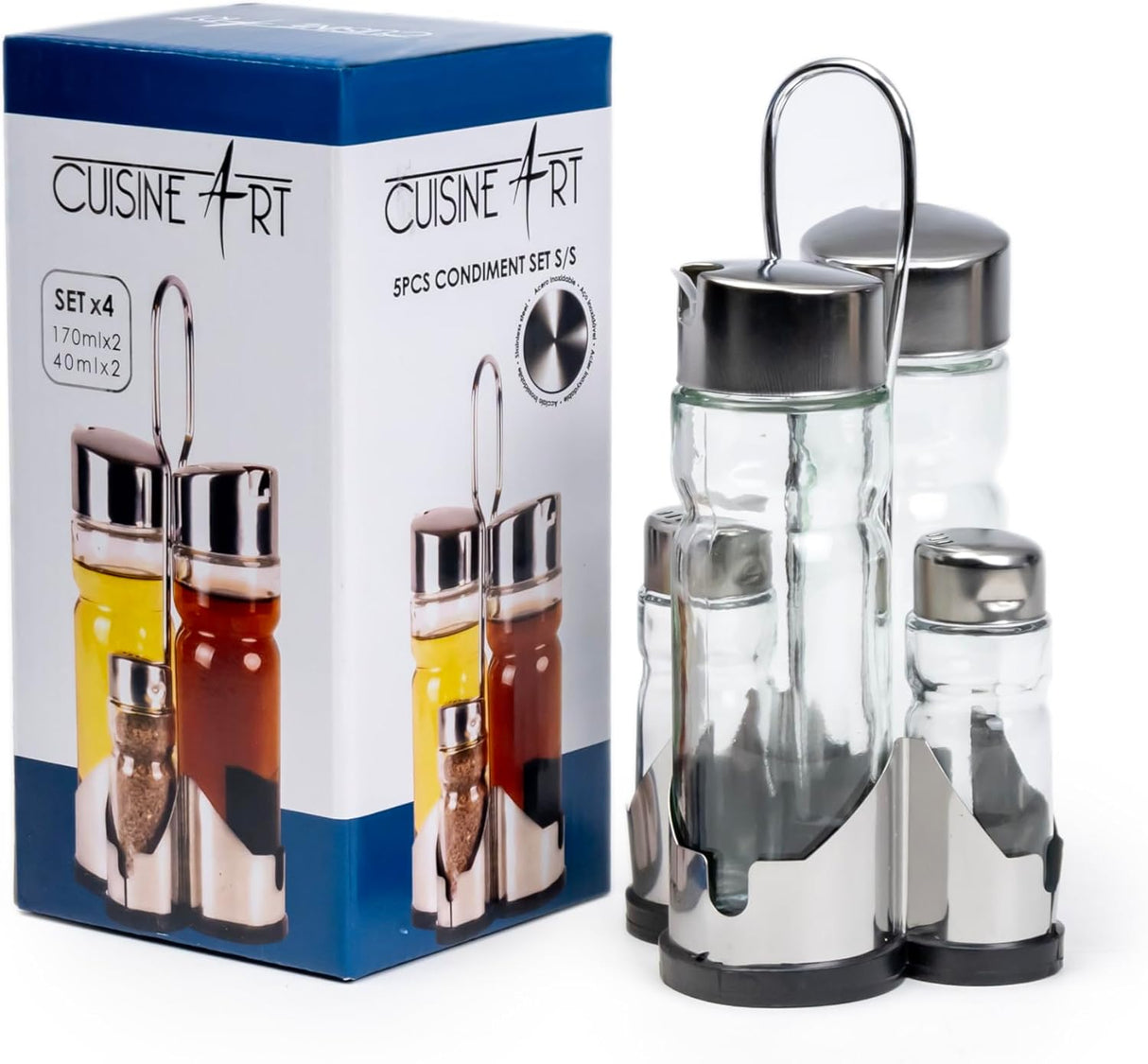 Cuisine Art 5-Piece Condiment Set - Stainless Steel Stand & Lids - Oil, Vinegar & Spice Jars - Al Kabayel Discount CentreCuisine Art 5-Piece Condiment Set - Stainless Steel Stand & Lids - Oil, Vinegar & Spice JarsKitchen Utensils & GadgetsCUSINE ARTAl Kabayel Discount Centre
