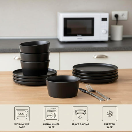 Cuisine Art BOLA 12 - Piece Stoneware Crockery Dinner Set, Black - Modern Service for 4 - Includes Dinner Plates, Dessert Plates & Bowls - Durable Ceramic Tableware for Everyday Dining & Entertaining - Al Kabayel Discount CentreCuisine Art BOLA 12 - Piece Stoneware Crockery Dinner Set, Black - Modern Service for 4 - Includes Dinner Plates, Dessert Plates & Bowls - Durable Ceramic Tableware for Everyday Dining & EntertainingDinnerware SetsCUISINE ARTAl Kabayel Discount Centre