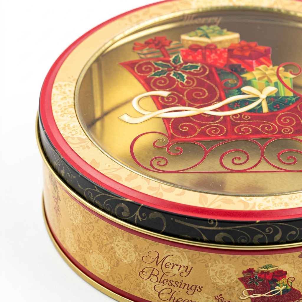 Round Metal Christmas Candy Box with Clear Plastic Lid - 17cm