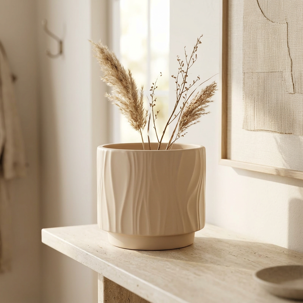 Ceramic Flower Vase with Textured Design Beige – 14×16cm