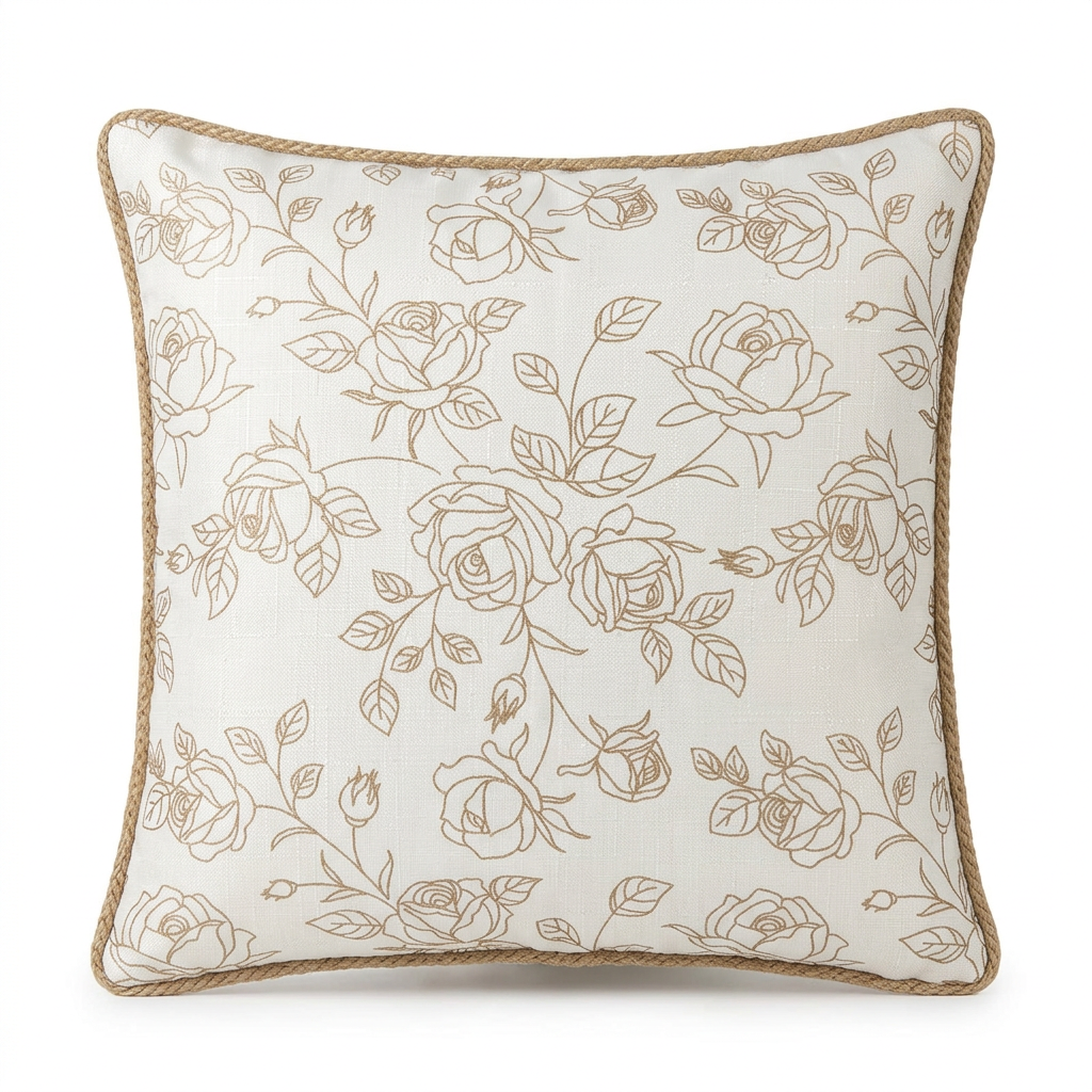 Square Rose Floral Cushion  Ivory & Beige  – 43×43cm