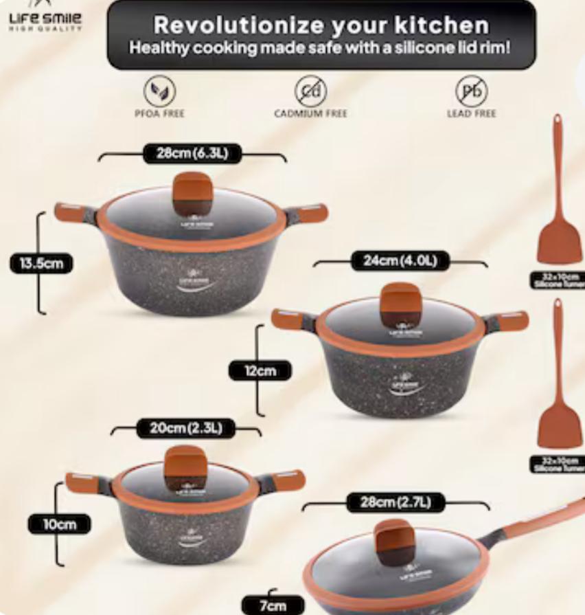 Life Smile  Dolphin Series 10pcs  Non-Stick Granite Coating Cookware Set Includes 6.3 Liter Soup Pot with Lid- 1pc, 4 Liter Soup Pot with Lid- 1pc, 2.3 Liter Soup Pot with Lid- 1pc, 2.7 Liter Fry Pan Lid- 1pc, 2pc Spoons, LIFEP14-10T2-DBrown