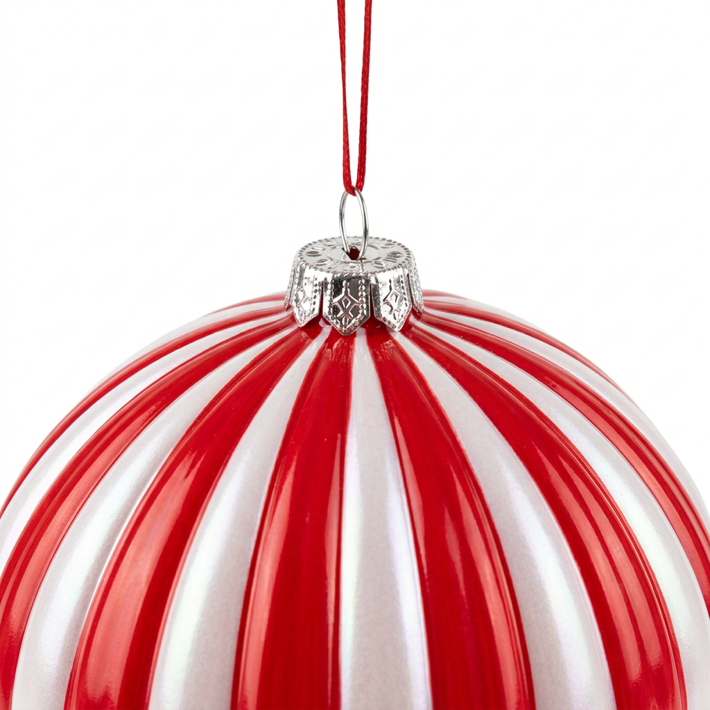 Striped Plastic Christmas Ball Hanging Decoration Red & White – 10cm