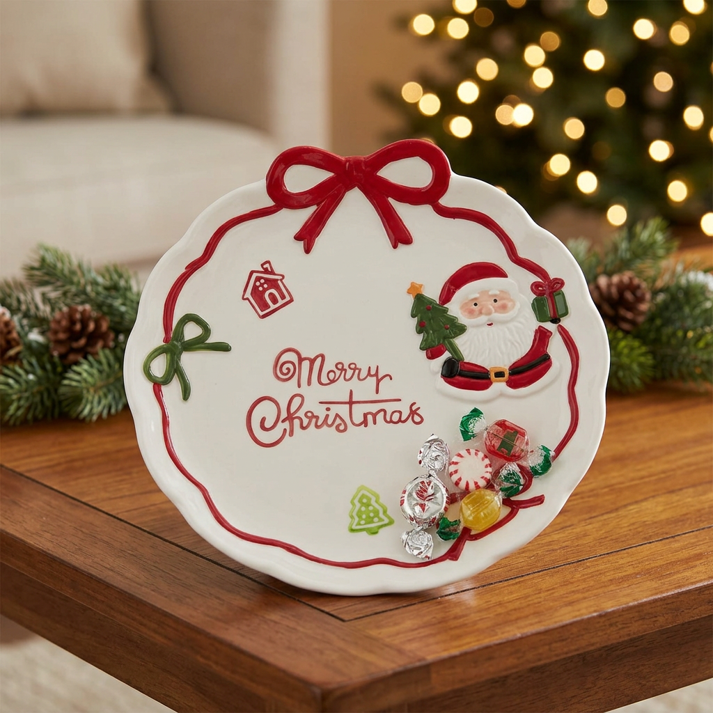 Ceramic Christmas Candy Plate with Bow Design - 27cm