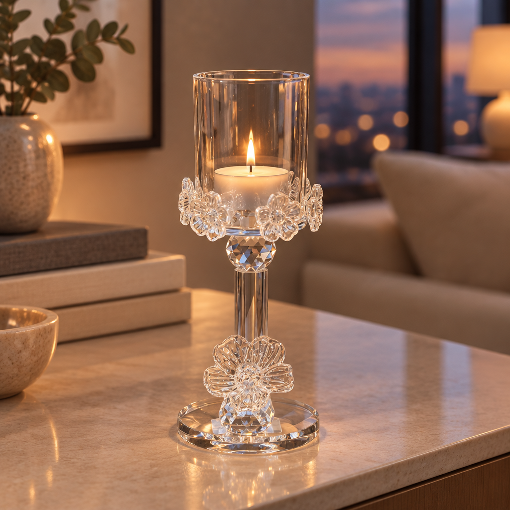 Glass Footed Floral Candle Holder - 20×6cm