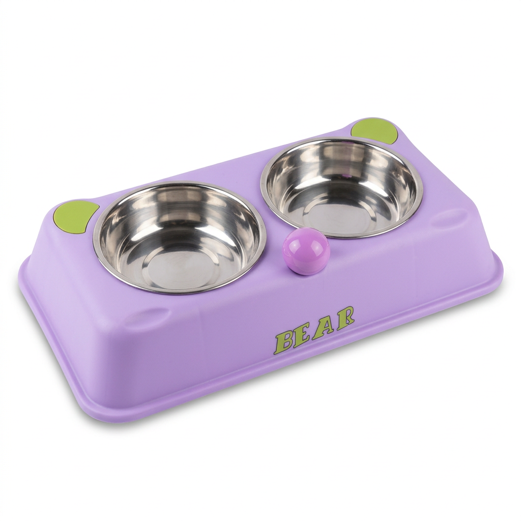 Plastic & Metal Double Pet Food Bowl Set Purple – 30×14cm