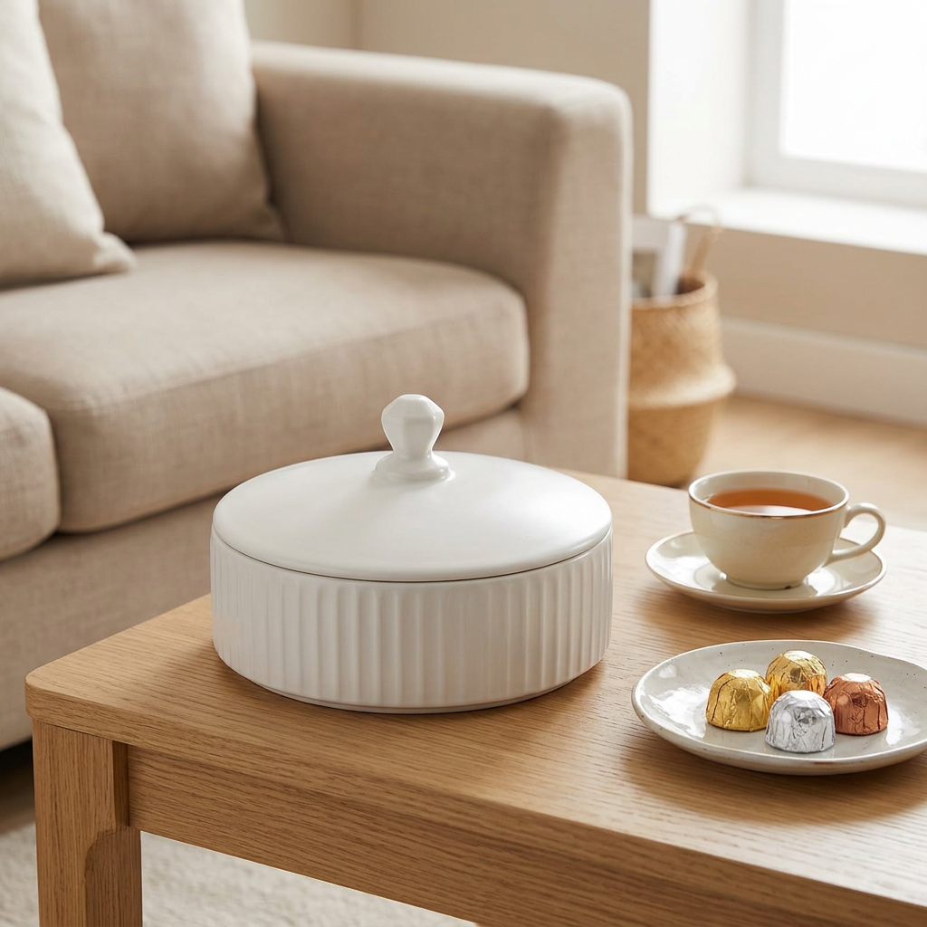 Hamid Ceramic Candy Pot with Lid White - 18cm