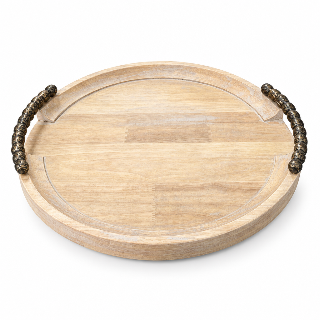 Luhpar Round Wooden Serving Tray with Decorative Handles - 40cm