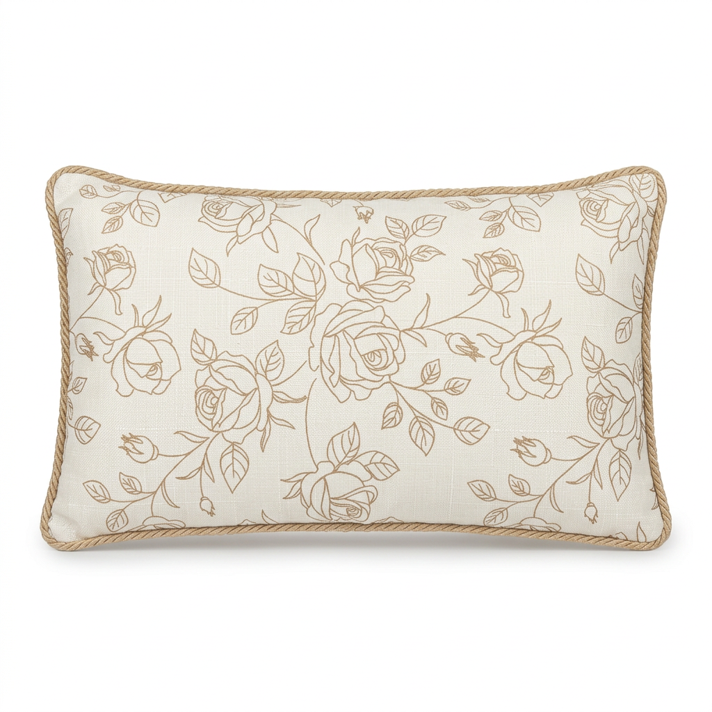 Rectangular Floral Cushion Ivory & Beige - 28×50cm