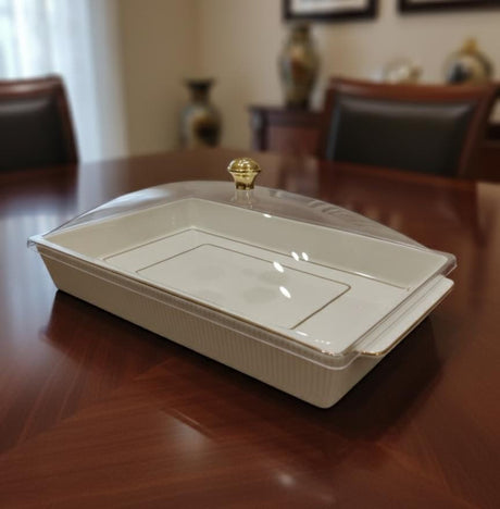 CHRISTIAN VERUCCI Elegant Ceramic Serving Tray with Lid – 14.5 Inch White & Gold Finish, Luxury Tableware