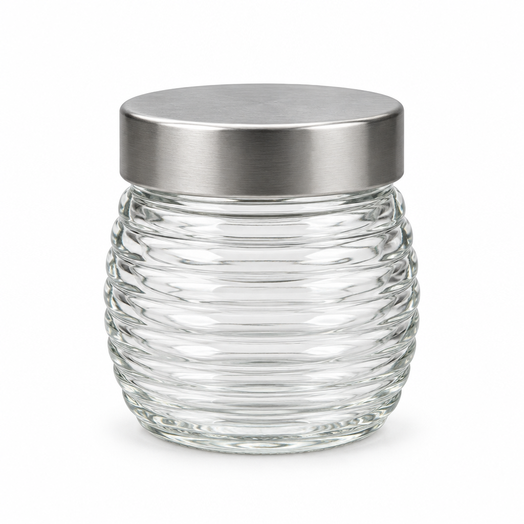 House Mart Ribbed Glass Jar with Silver Lid - 230ml